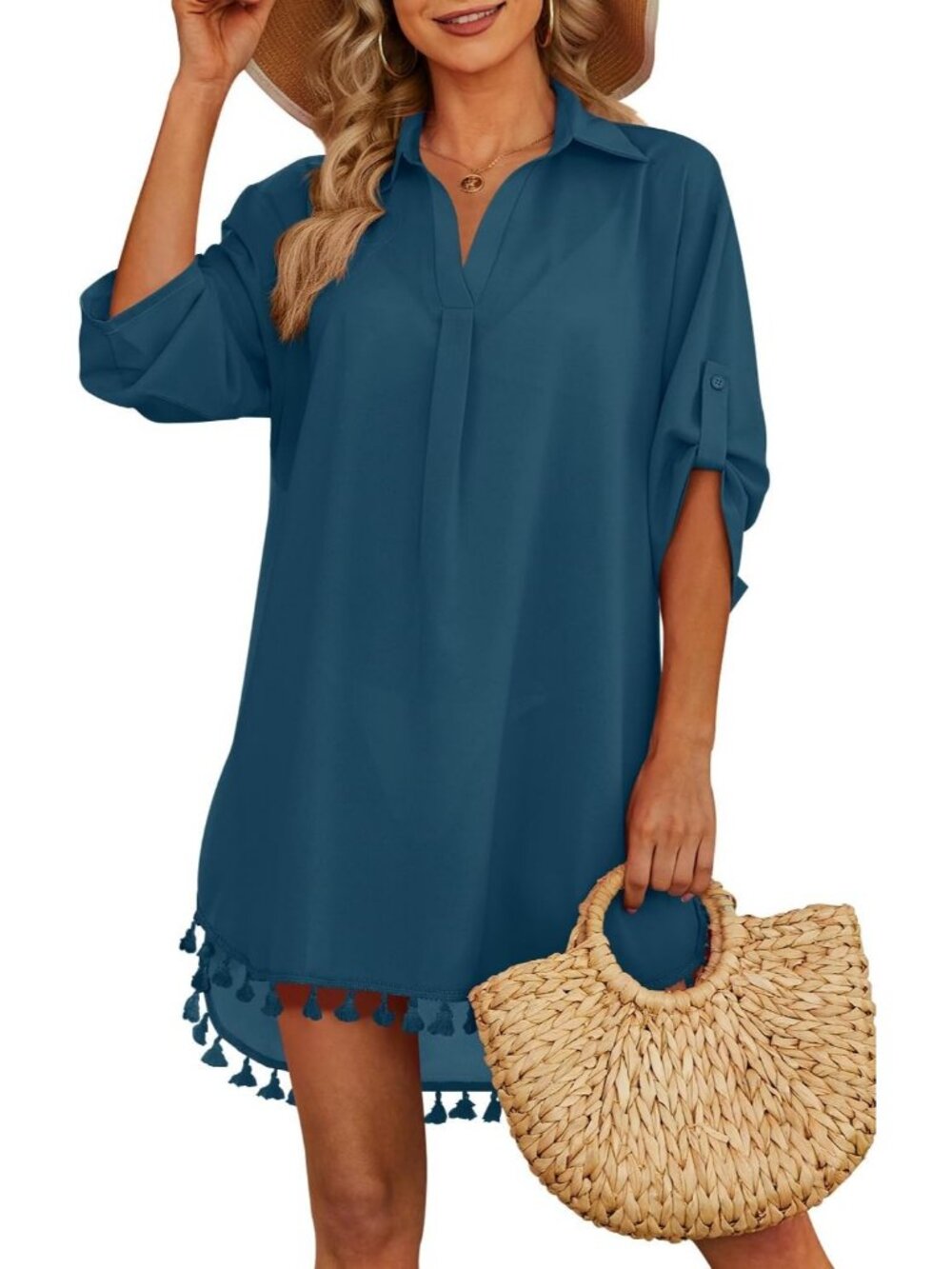Women's Lake Blue Polyester Cover Up Tassel Swimsuit Bathing Suit for Swimwear